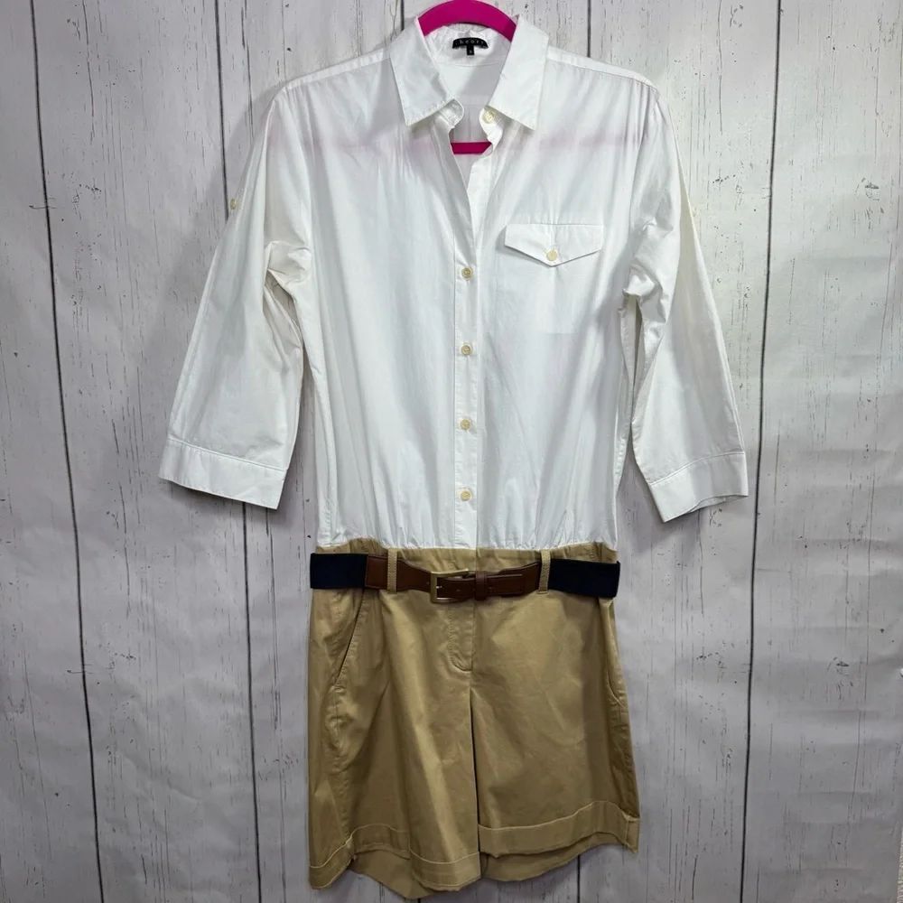 Theory White Button Up Shirt Romper with Khaki Shorts Size 8 Minimalist Preppy